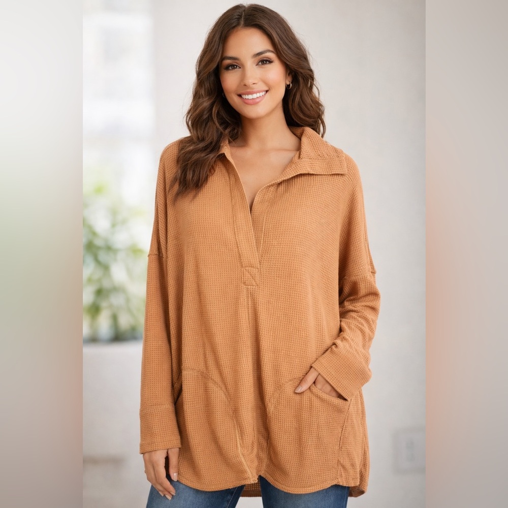 Andree by Unit Womens 1X Brown Waffle Tunic Oversized Pockets Pullover Top NEW